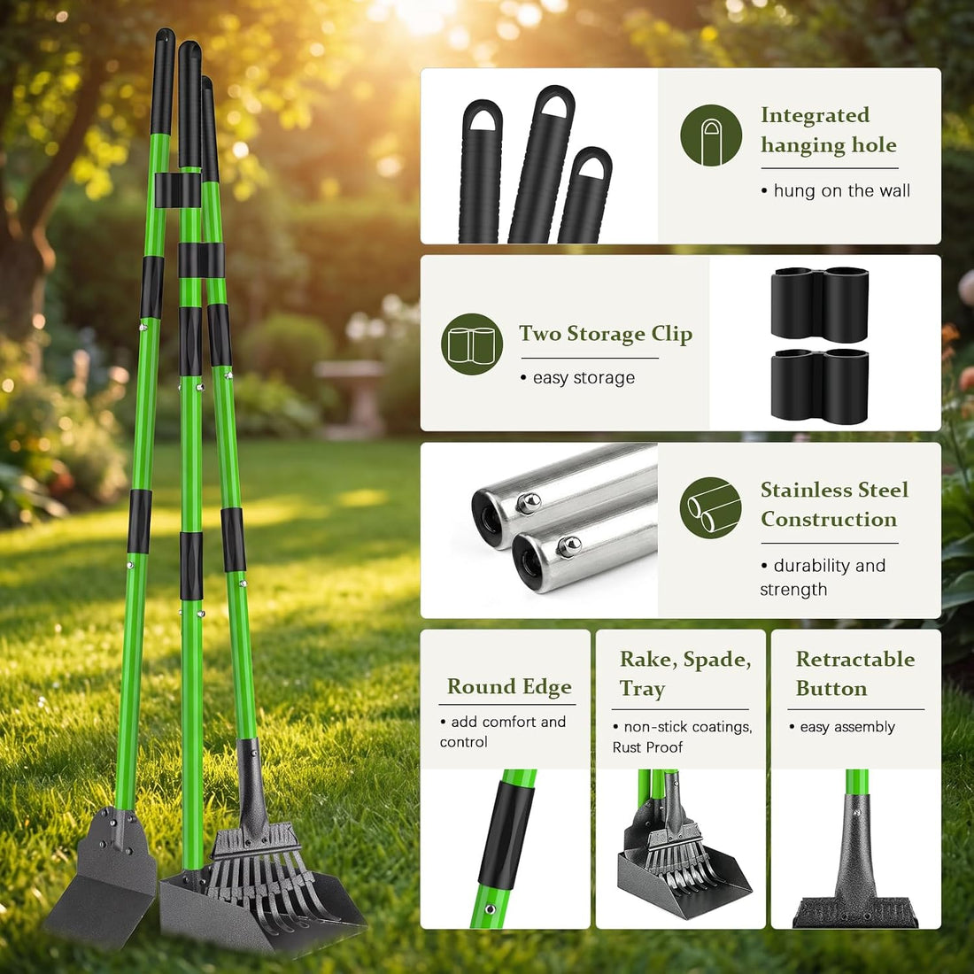 Pooper Scooper, Metal Poop Scoop with Tray, Rake