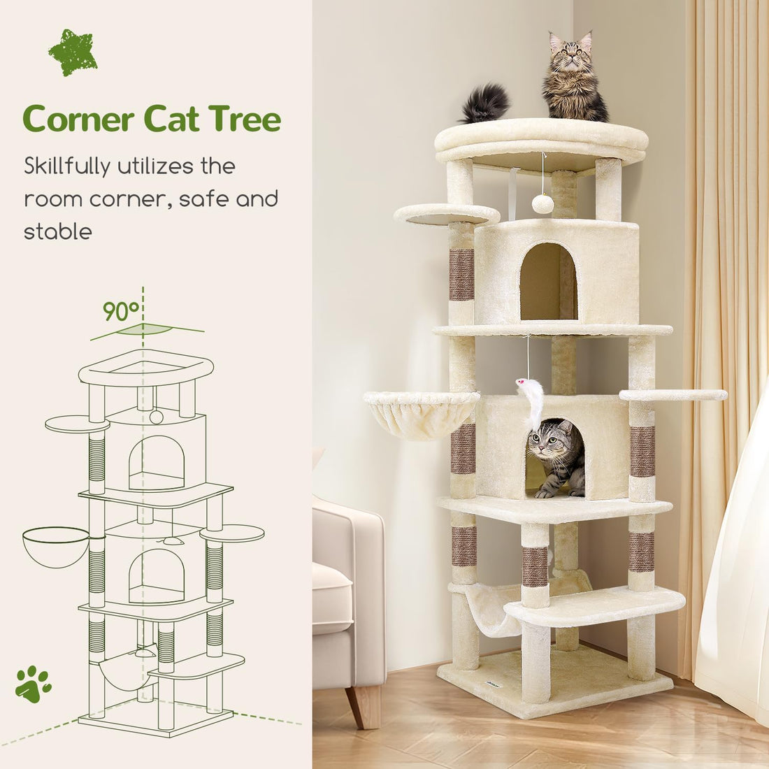 Globlazer 66inch Corner Cat Tree Tower for Indoor Large Cats, C66