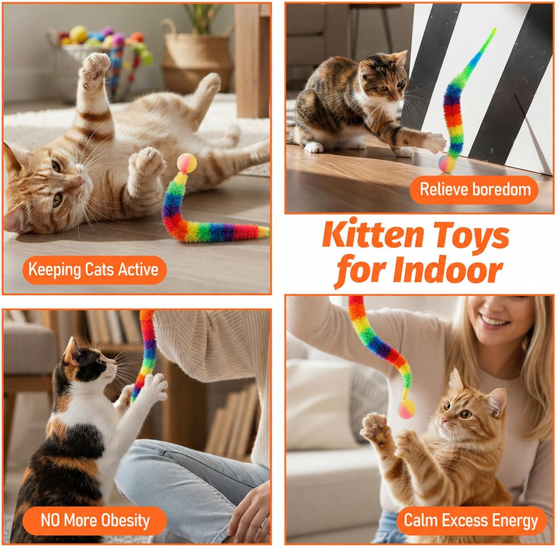 7 Pack Cat Worm Toys Rainbow Worm with Ball for Cats