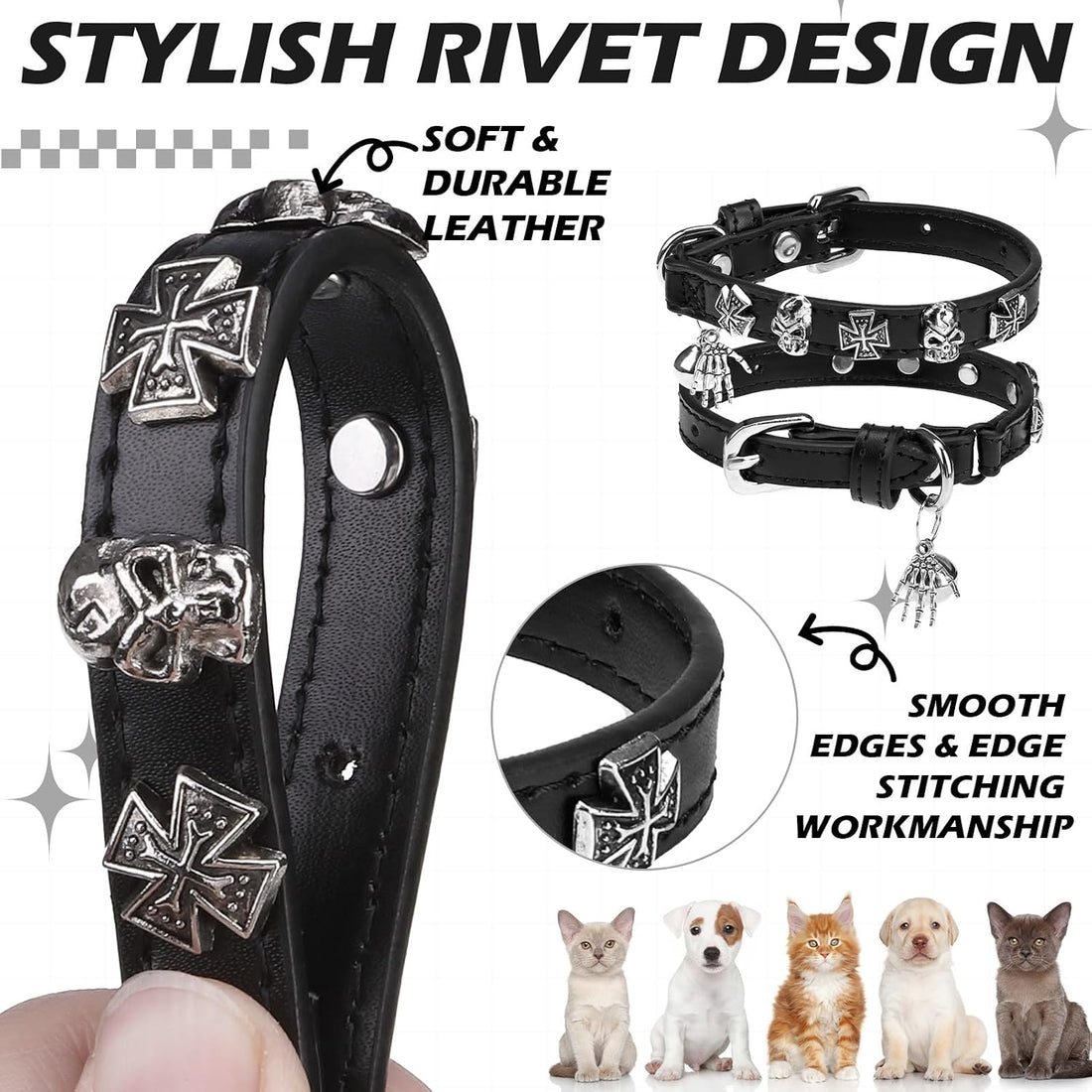 EXPAWLORER Leather Cat Collar for Girl Boy Cats,Black(Skull),S