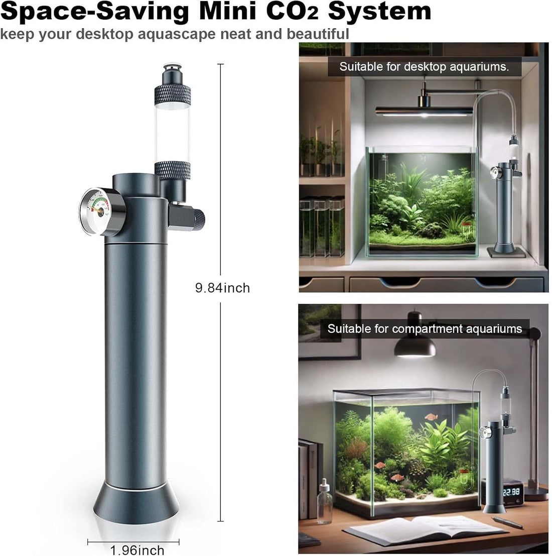 FZONE Desktop Aquarium CO2 System,45g CO2 Cartridge,5/8" & 3/8"