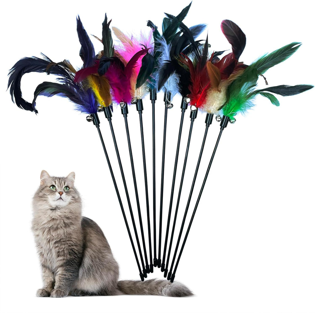 Cat Feather Wand Toys 10-Pack with Bell Indoor Kittens