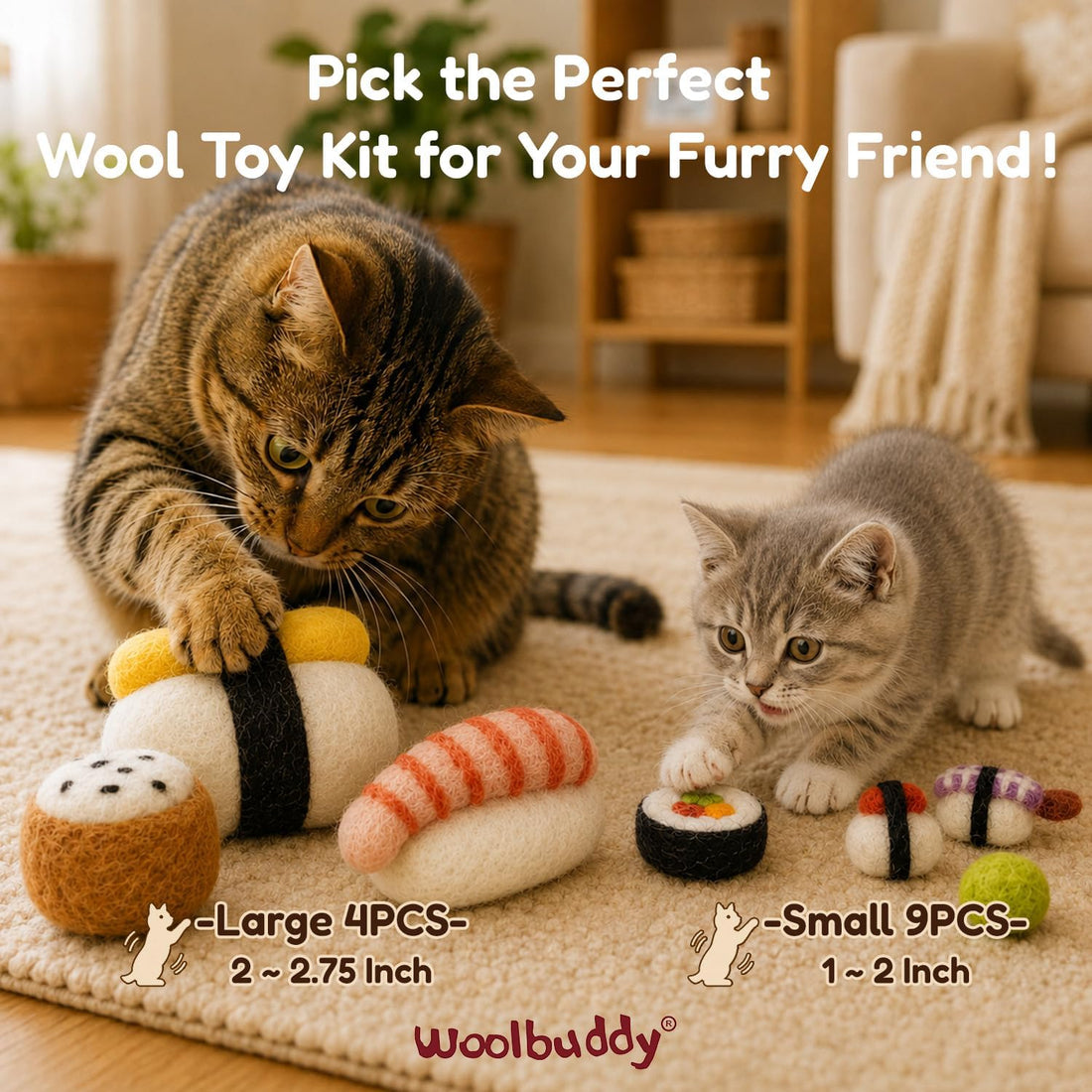 Woolbuddy Sushi Cat Toy Set – Wool Felt Interactive Toys for Indoor