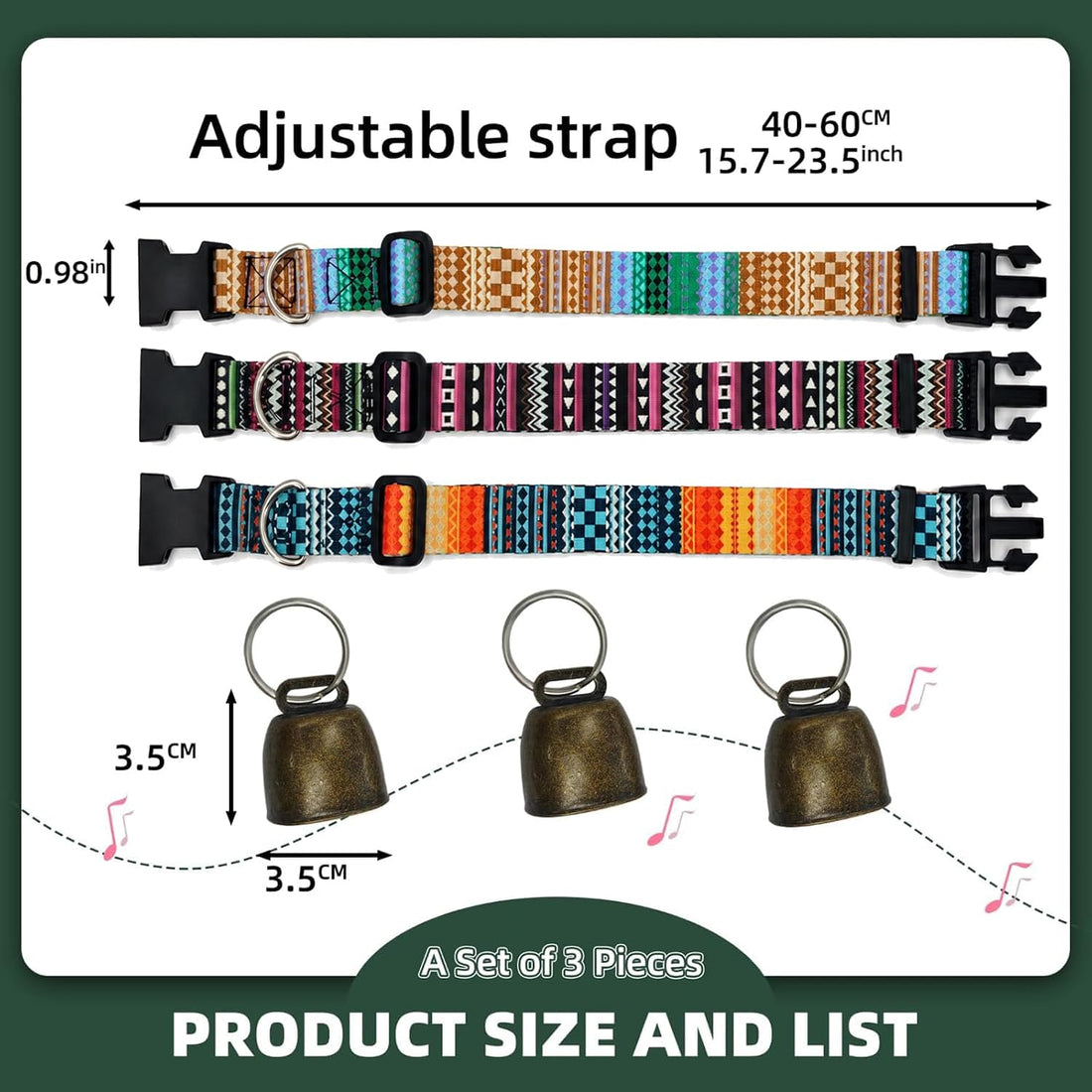 Goat Collars and Bells,Durable Nylon Adjustable Collar (Gradation)