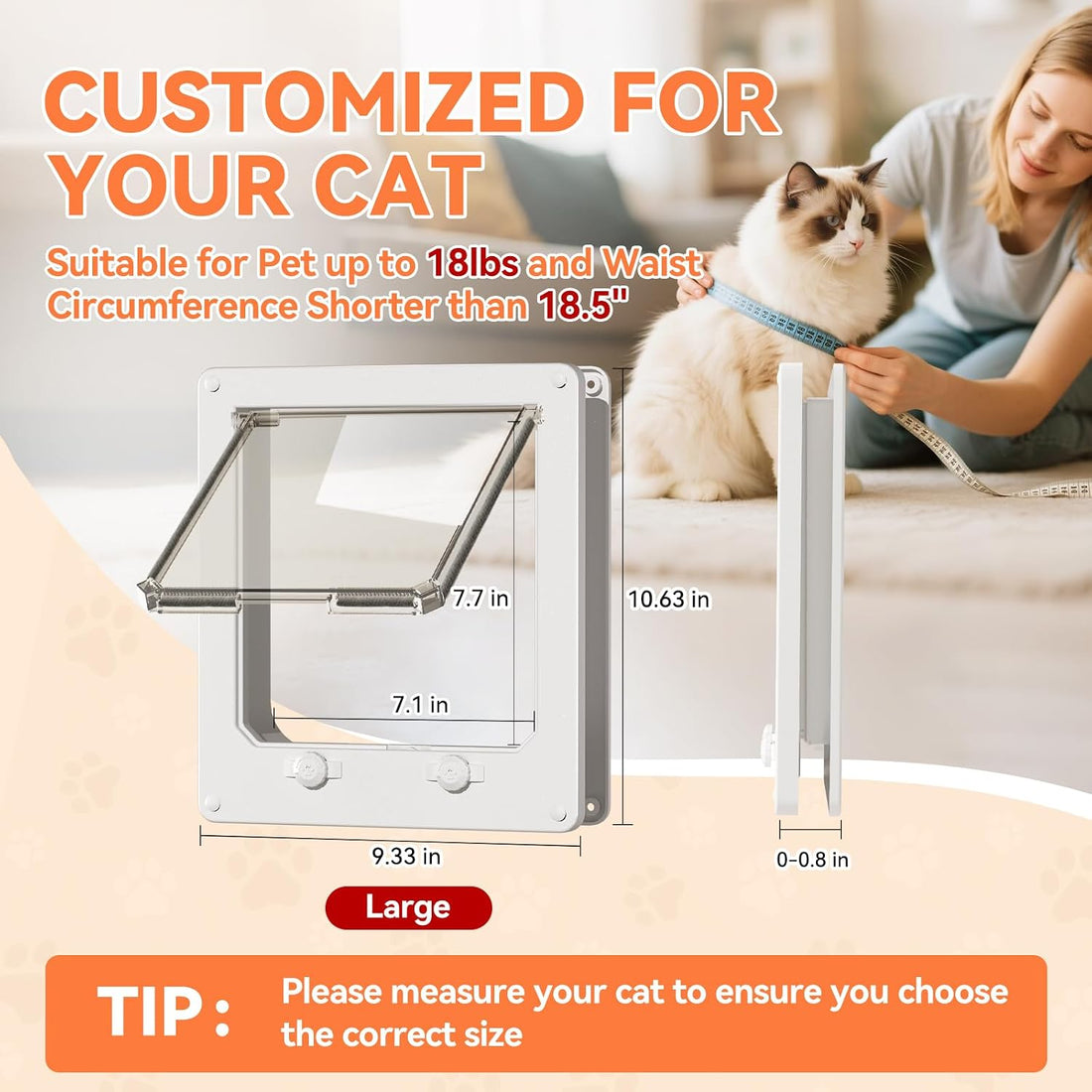 LIBBEPET Thin Interior Cat Door, 4 Way Locking Flap for Cats ≤18 lbs