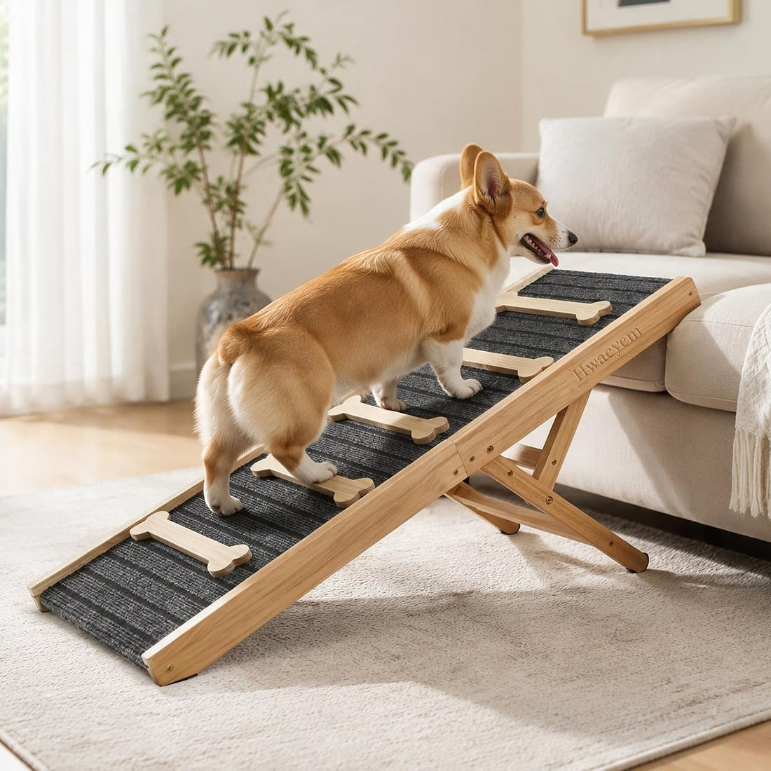 Dog Ramp for Bed & Couch, Height Adjust Foldable Wooden Pet Ramp