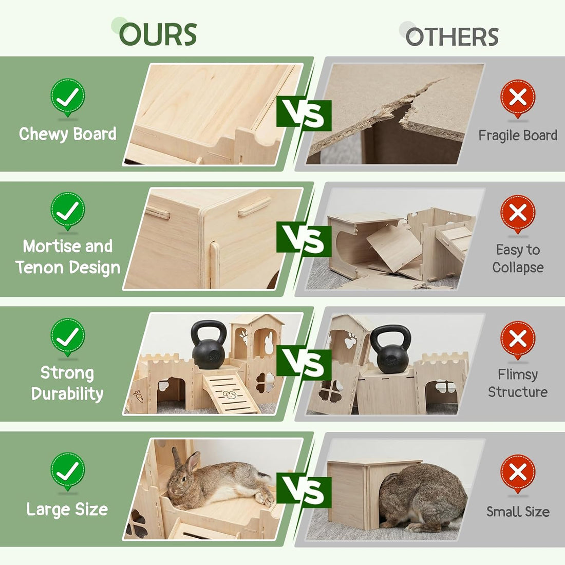 Wooden Rabbit House,Extra Large 2-Level Bunny Castle with Feeder