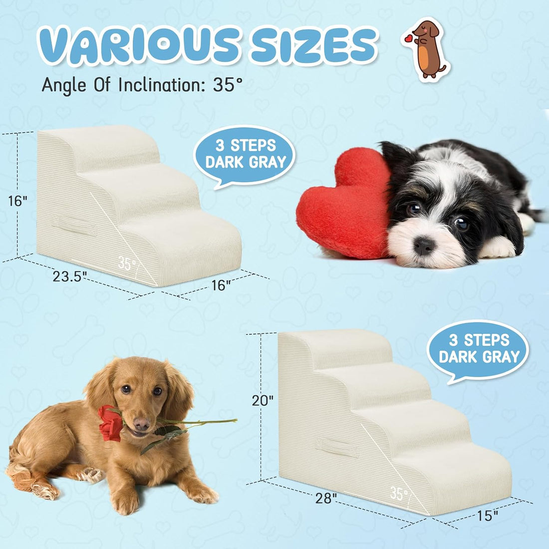 Mesa Lemon 3 Step Dog Stairs Pet Ramp for High Beds, Sofas and Cars