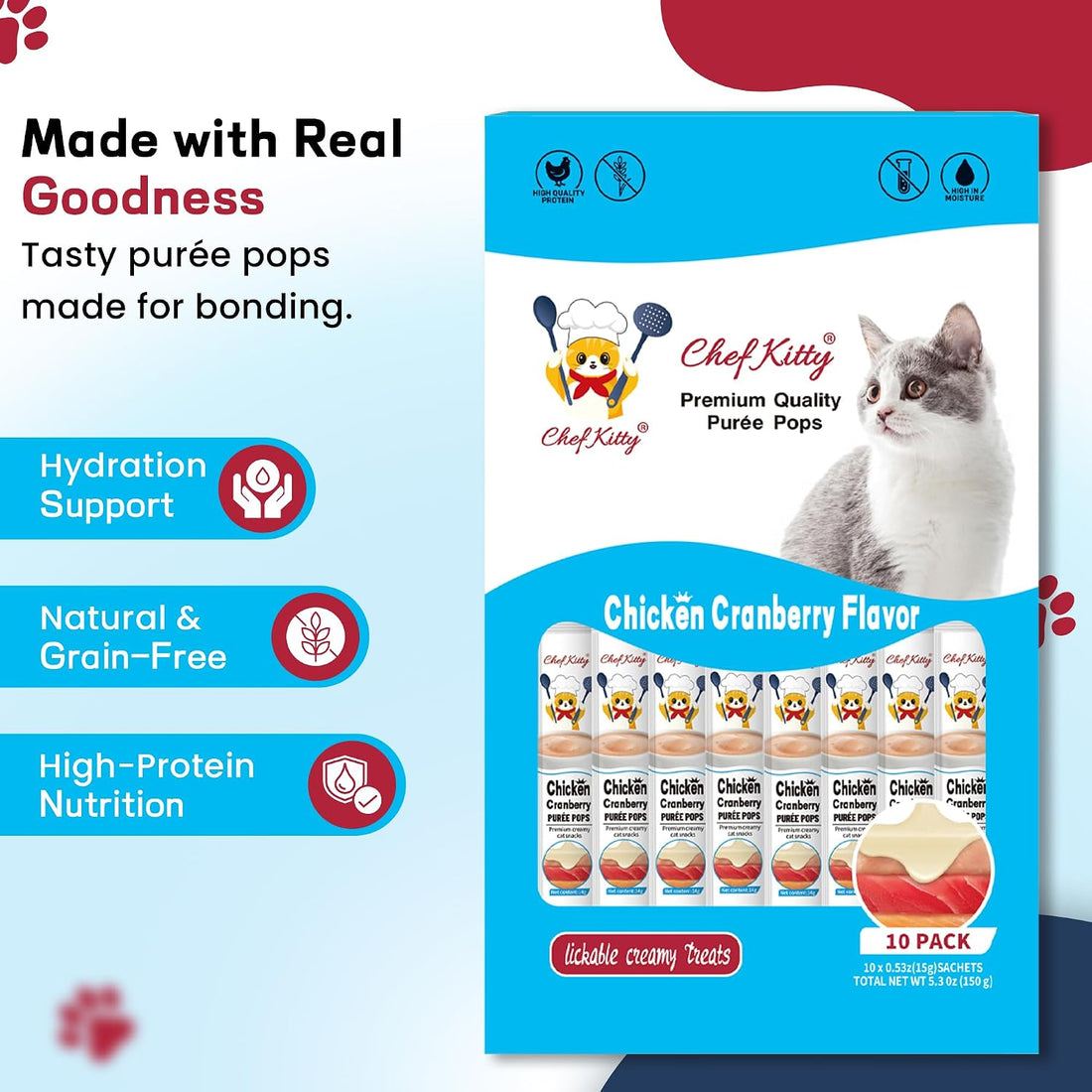 Lickable Cat Treats, Chicken & Cranberry Puree Topper, 10 Tubes