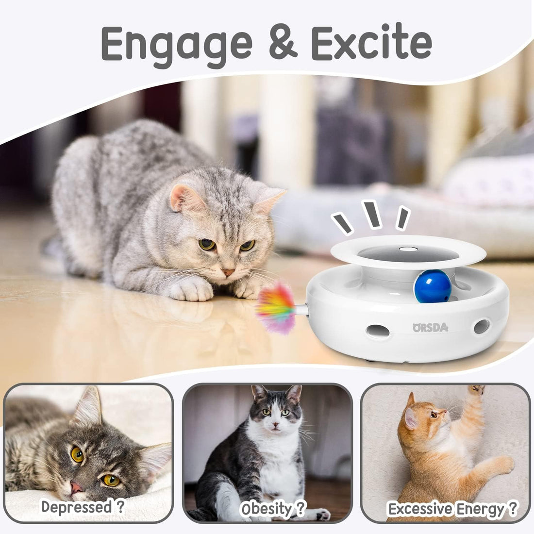 ORSDA 2in1 Interactive Toys for Indoor Cats, Timer Auto On/Off