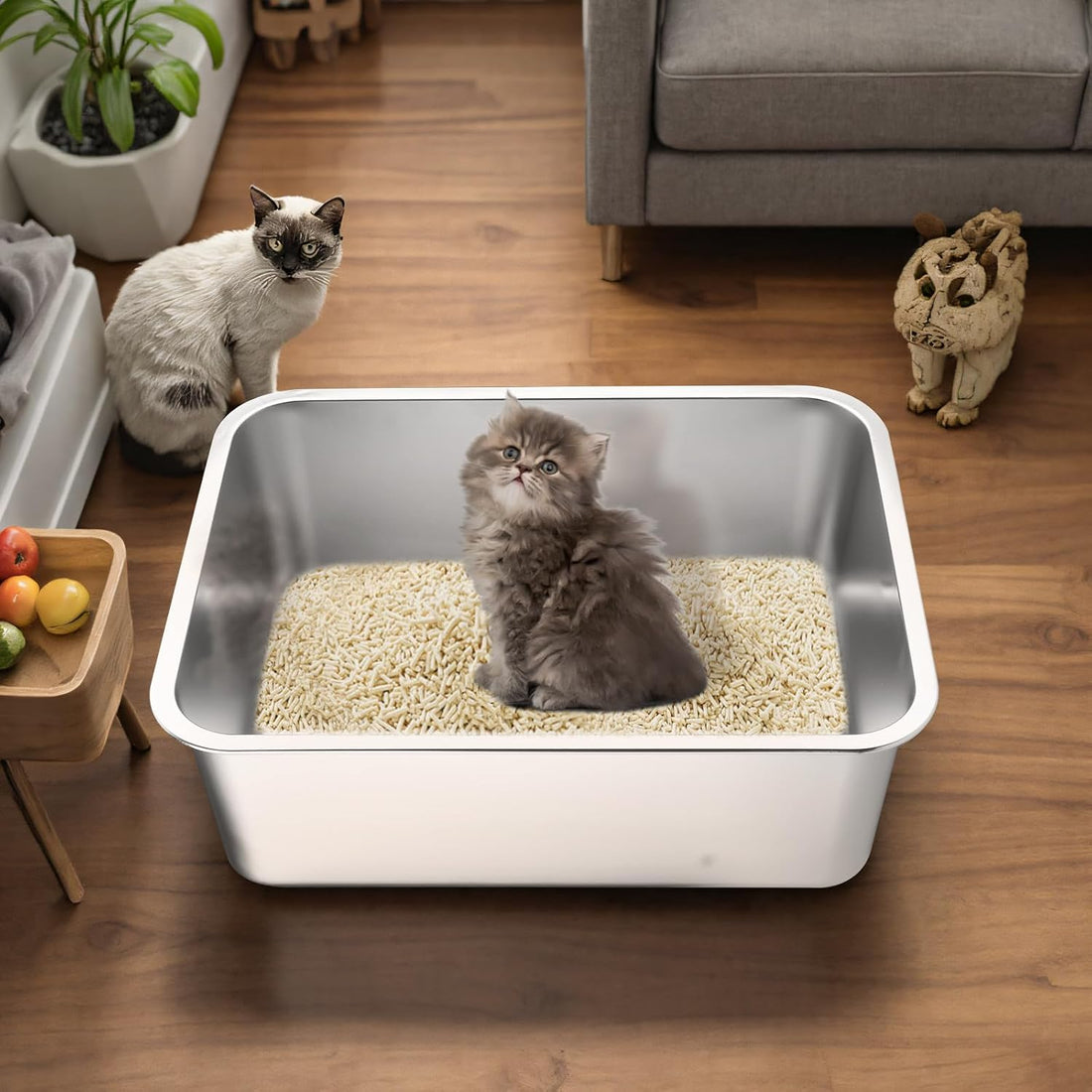Stainless Steel Cat Litter Box - Large Metal High-Sided Pan for Cats