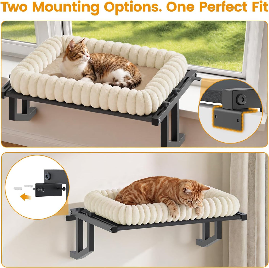 Cat Window Perch, 24" Large Hammock for Inside Sill, Dual-Mount