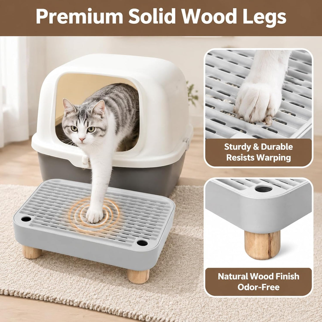 Litter Box Step Wooden Base Gray 11.8x7.9in Pet Stairs