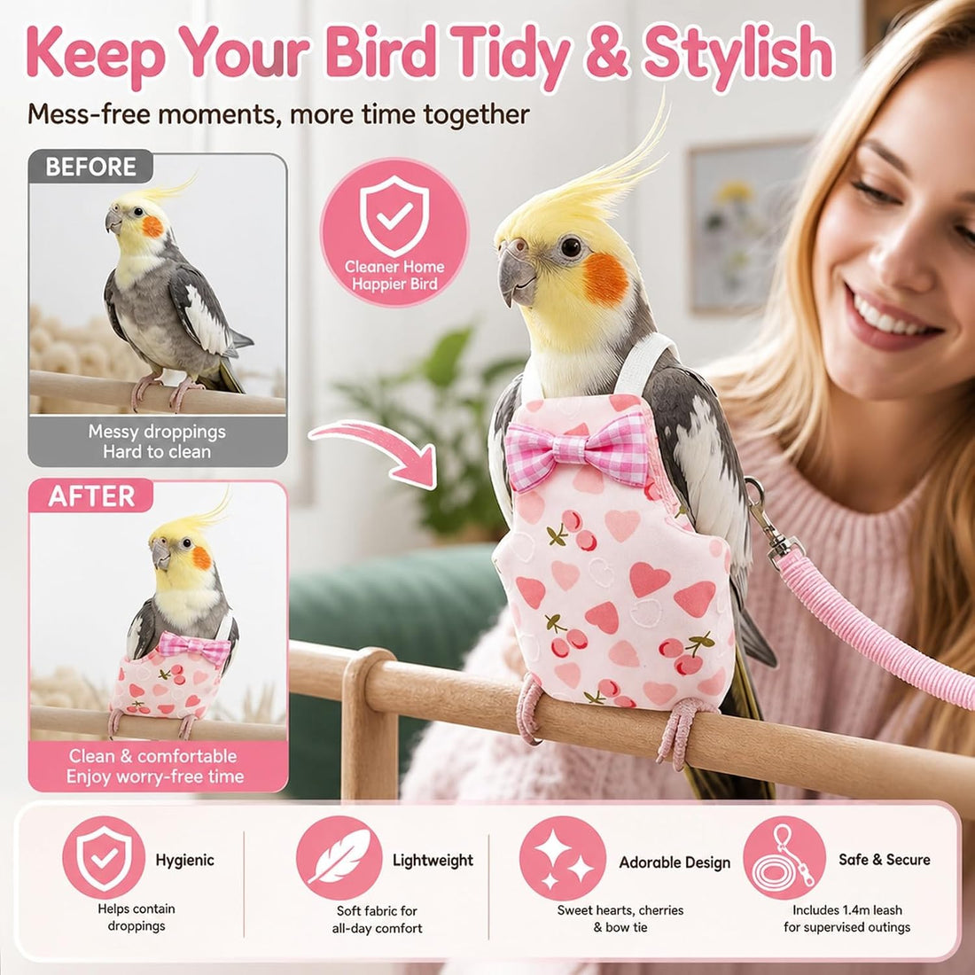 Bird Diaper, Parrot Diaper, Pink M Size Bird Diaper, 10 White Pads