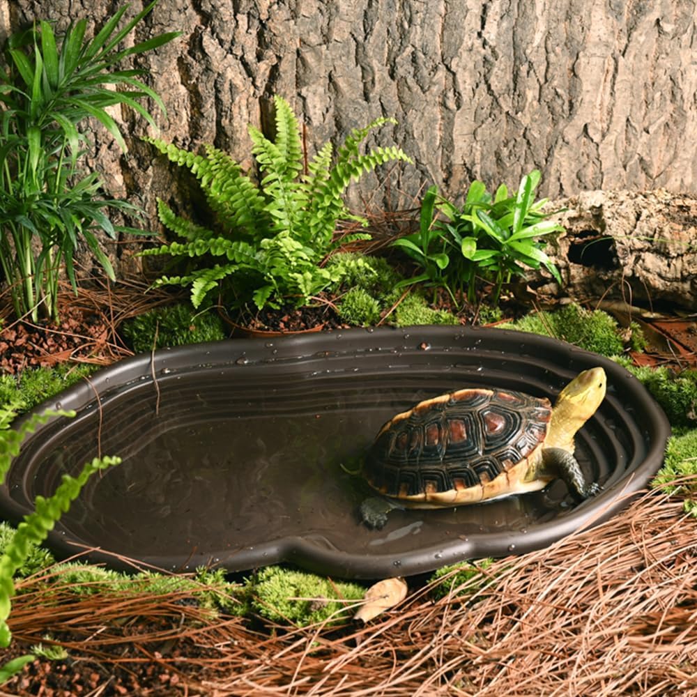 Extra Large Reptile Bathing Pool Reptile Feeding Dish Water Bowl with Ramp Aquarium Ornament for Gecko, Snake, Turtle, Bearded Dragon, Lizard Bath(Black)