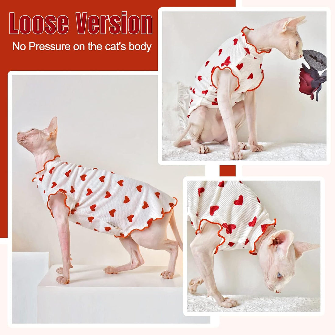 DENTRUN Heart Pattern Sphynx Hairless Cats Shirt