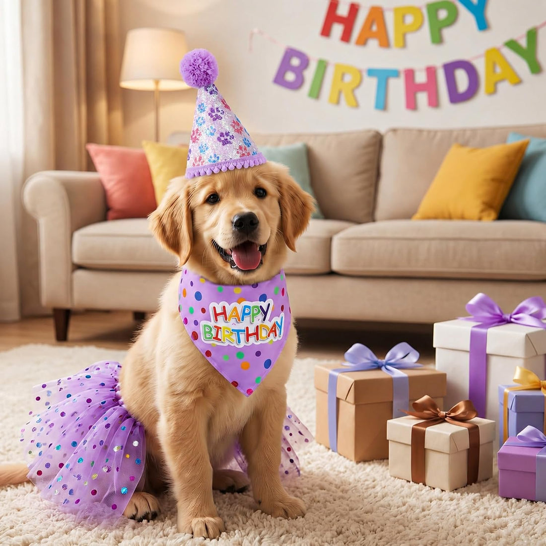 Dog Birthday Bandana with Hat and Dress Dog Birthday Outfit Girl