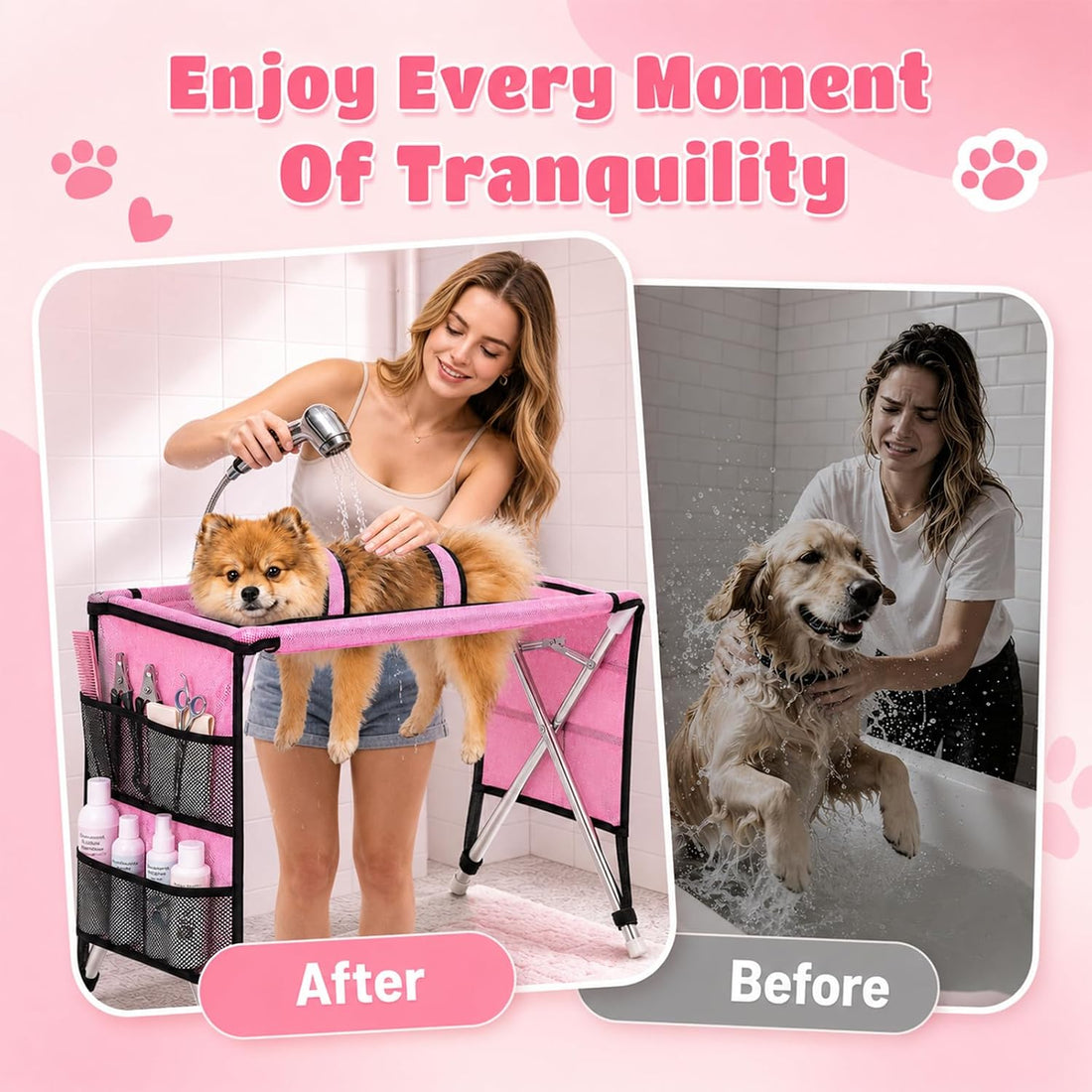 Dog Grooming Hammock with Stand for Small Dogs and Cats, Pink