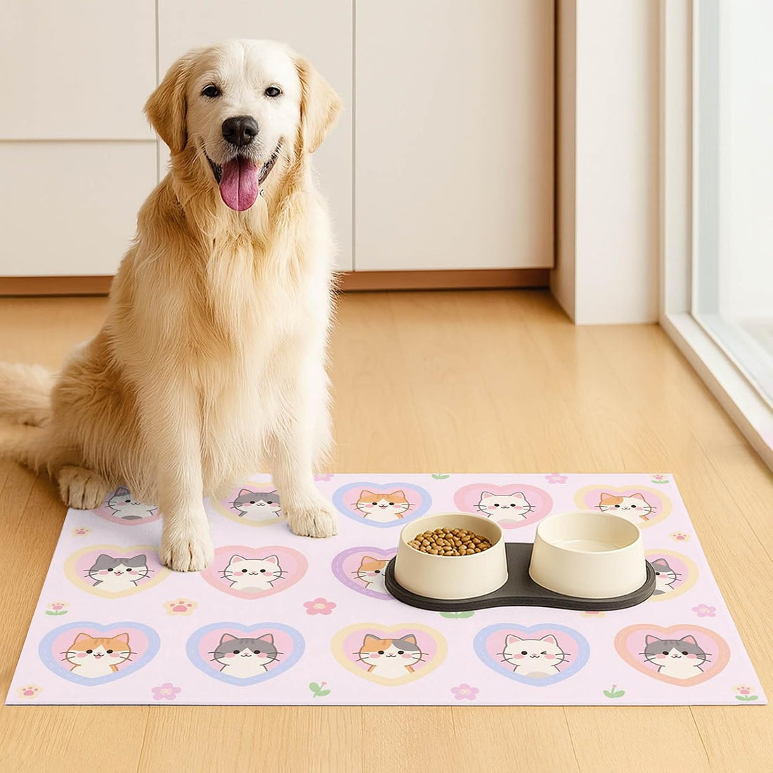 HOMETITUTE Cat Feeding Mat Pink Heart Kitten Bowl Placemat 20 x 12