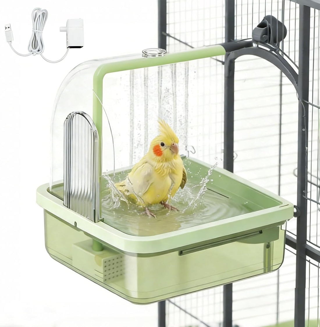 Bird Bath for Cage with Pump, Parrot Shower Bathtub Running Water