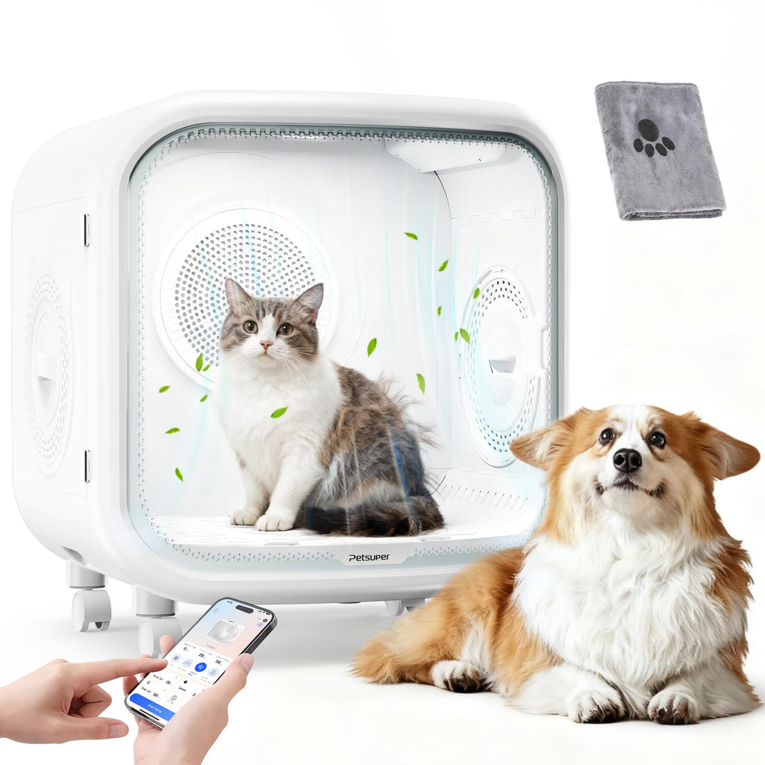 Upgrade 75L Large Automatic Cat Dryer Box with Pet Towel -360° Rapid