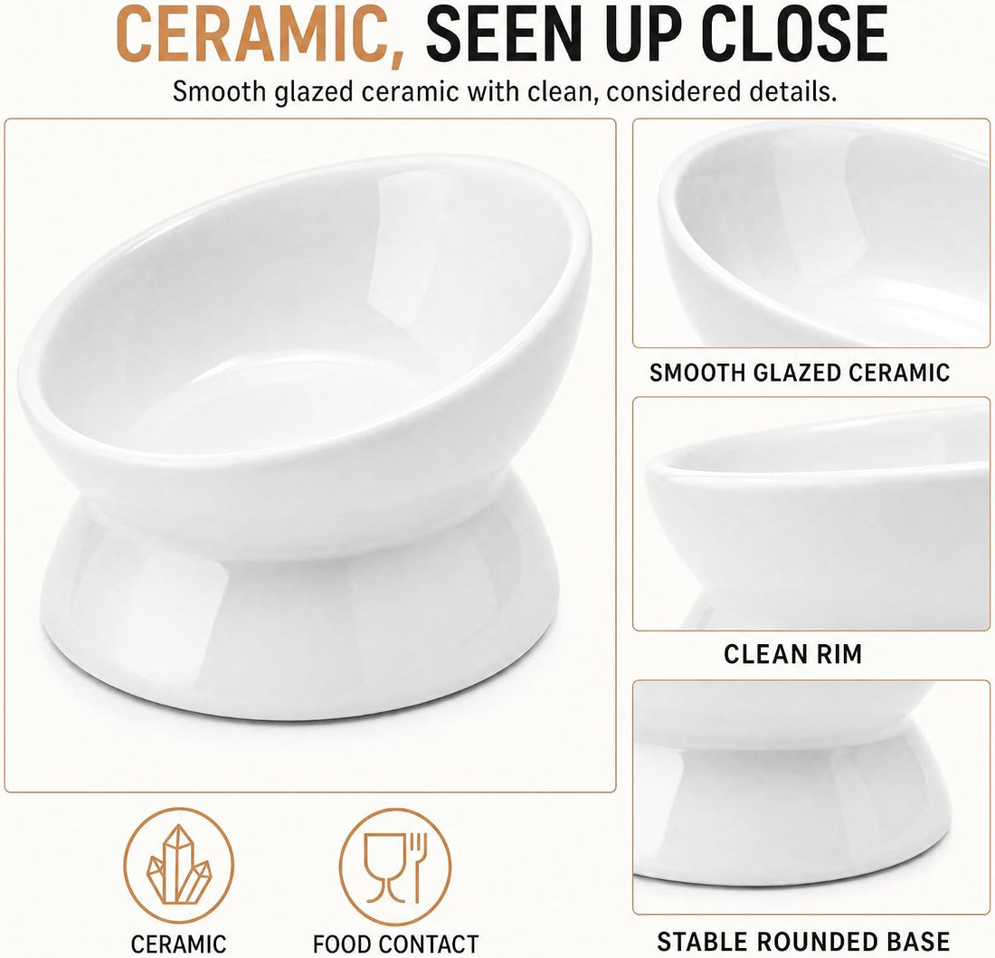 Nucookery Ceramic Raised Cat Food & Water Bowl Tilted Elevated, 5''