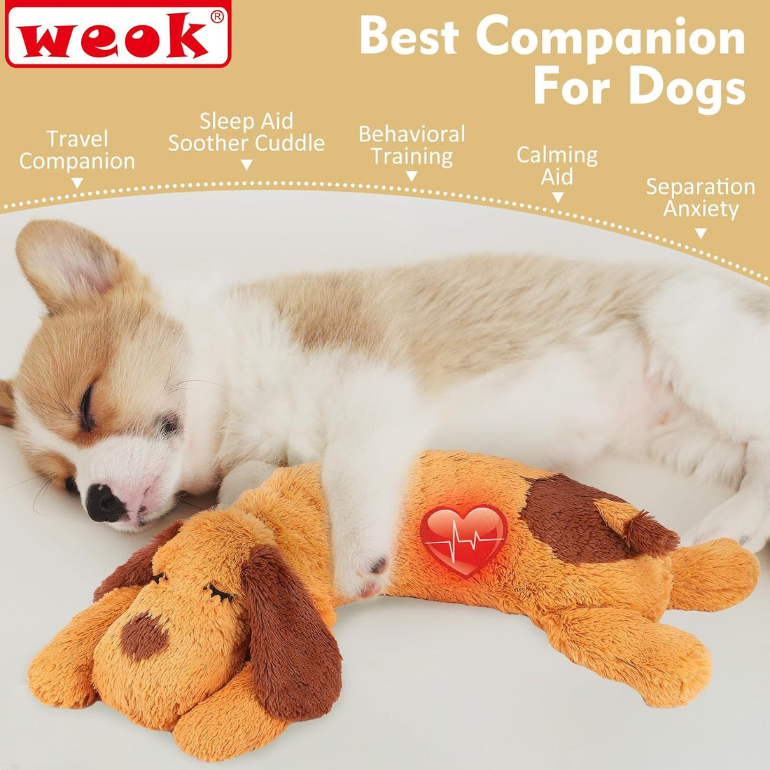 WEOK Heartbeat Puppy Toy, Comfort Cuddler Pillow