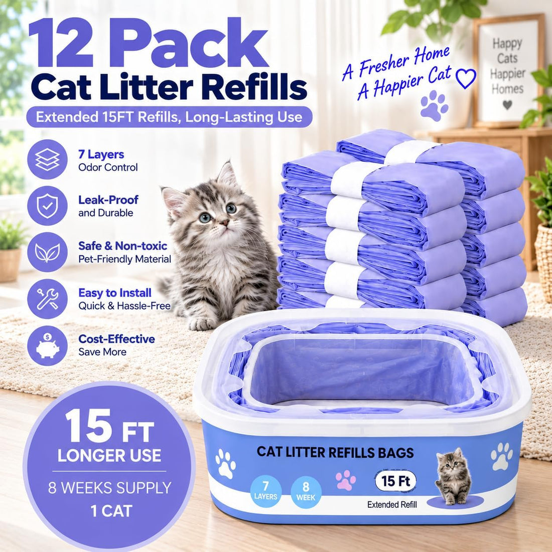 12 Pack Cat Litter Refills, Compatible with Genie Bag Refills