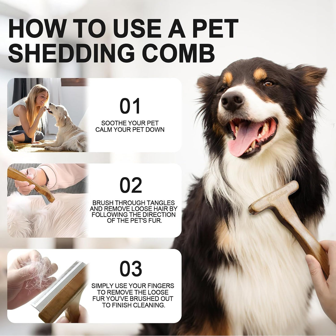 MaximiLian Medium T-Shaped Deshedding Dog Brush with Solid Wood Handle
