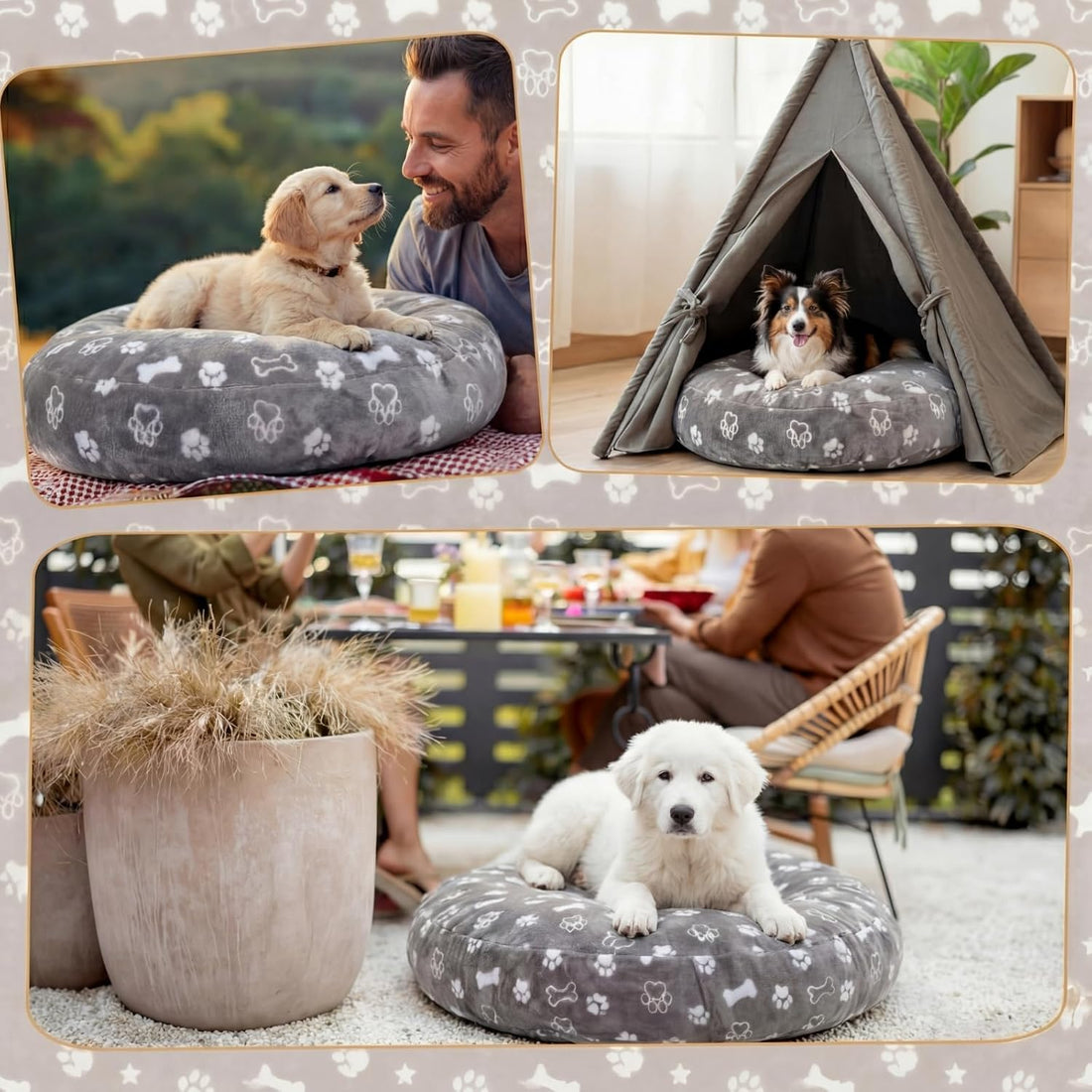 Oudain Washable Round Dog Bed Cover 30 x 30 x 10 Gray Paw Bone Prints