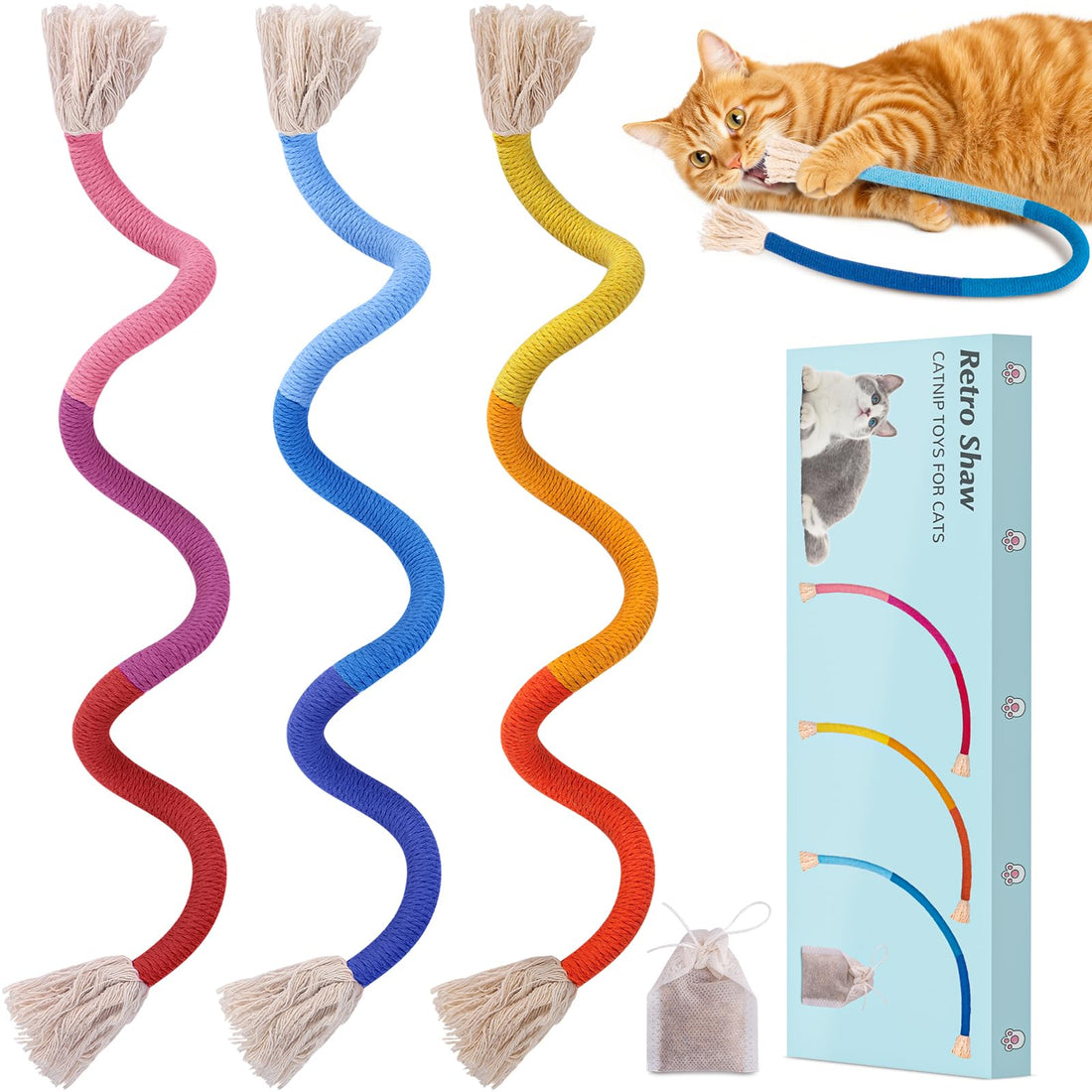 Retro Shaw 3Pcs Cat Chew Ropes with Refillable Natural Catnip