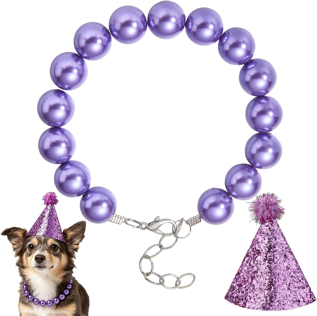 Ornaland Pearl Dog Necklace Collar for Women with Birthday Hat