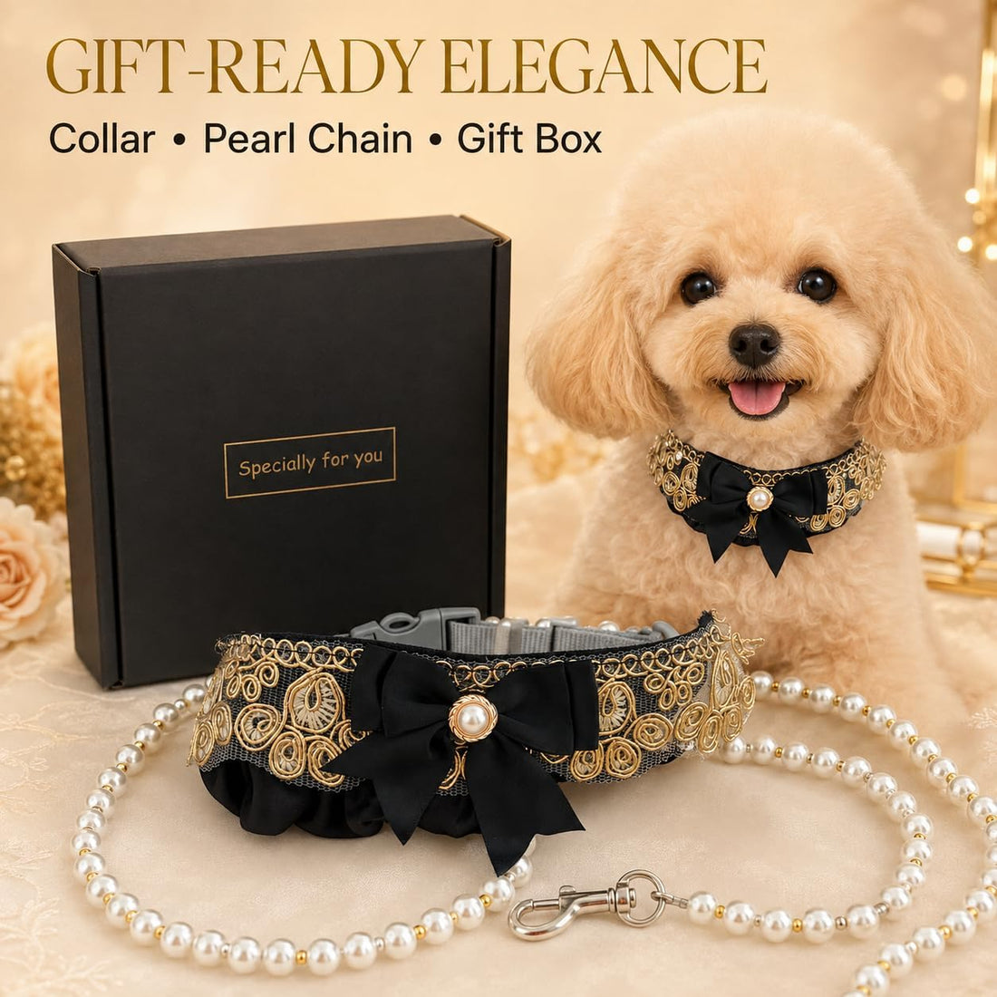 Dog Wedding Collar & Pearl Leash Set for Small Dogs, Black Gold