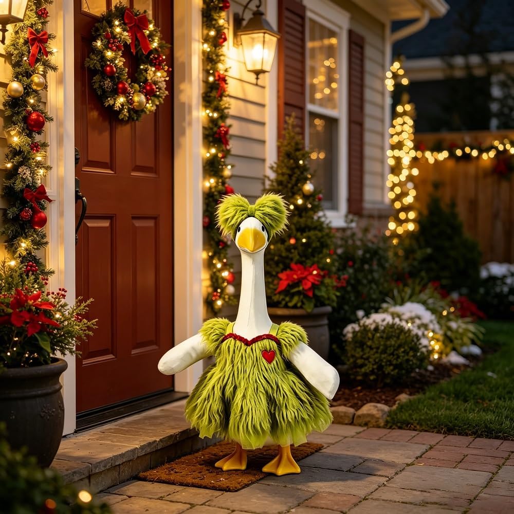 Green Fur Christmas Porch Goose Outfit for 23 Inch Lawn Goose Xmas