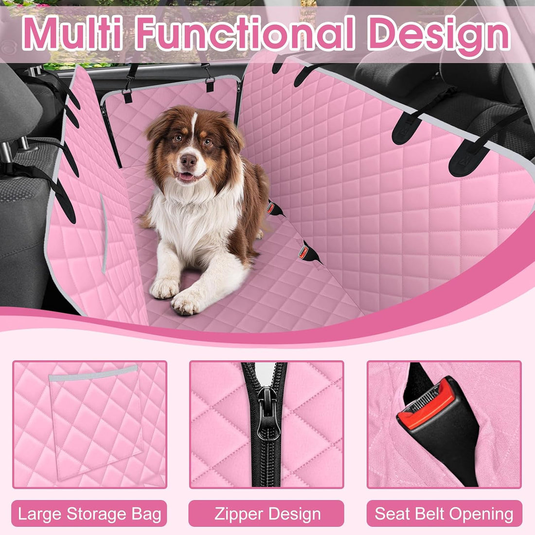 Waterproof Dog Car Seat Cover for Back Seat, Pet Hammock-S, Pink/Grey