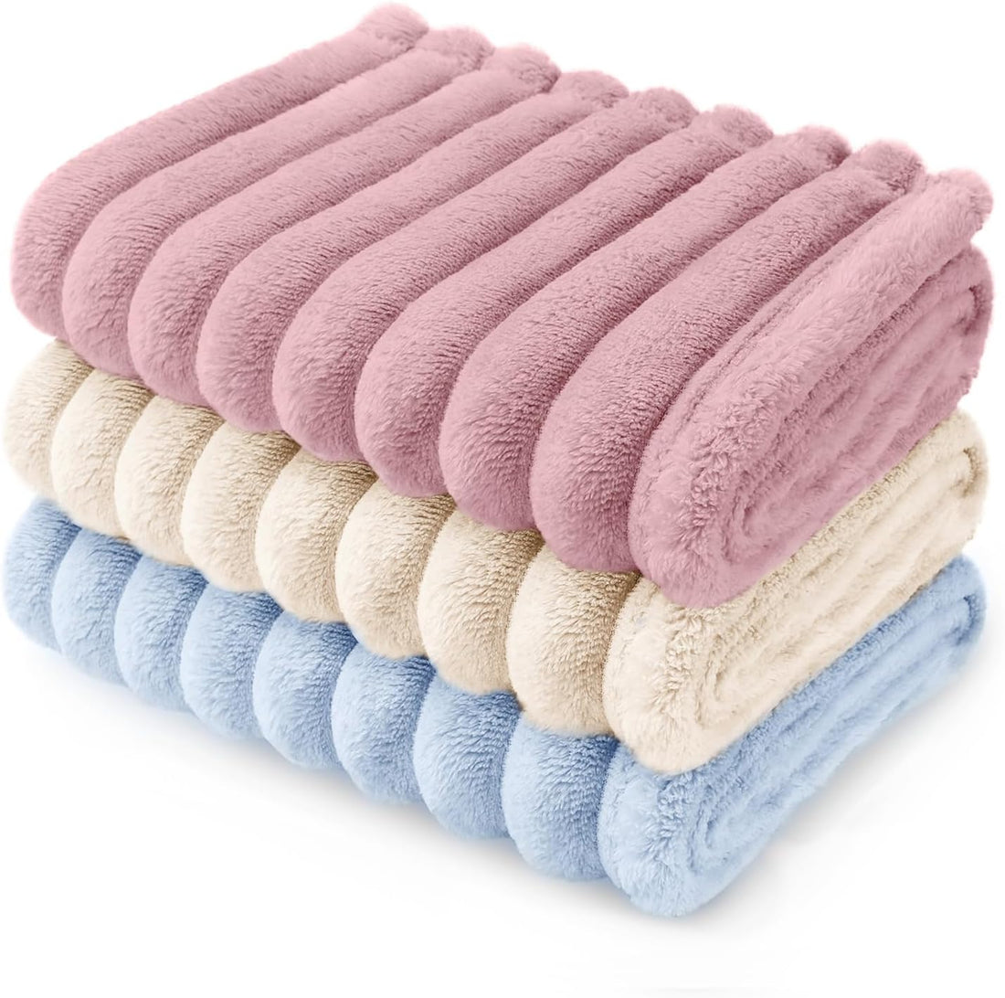 LINENLUX 1 Pack 3 Fleece Dog Blanket Soft Warm Cat Beige/Pink/Grey