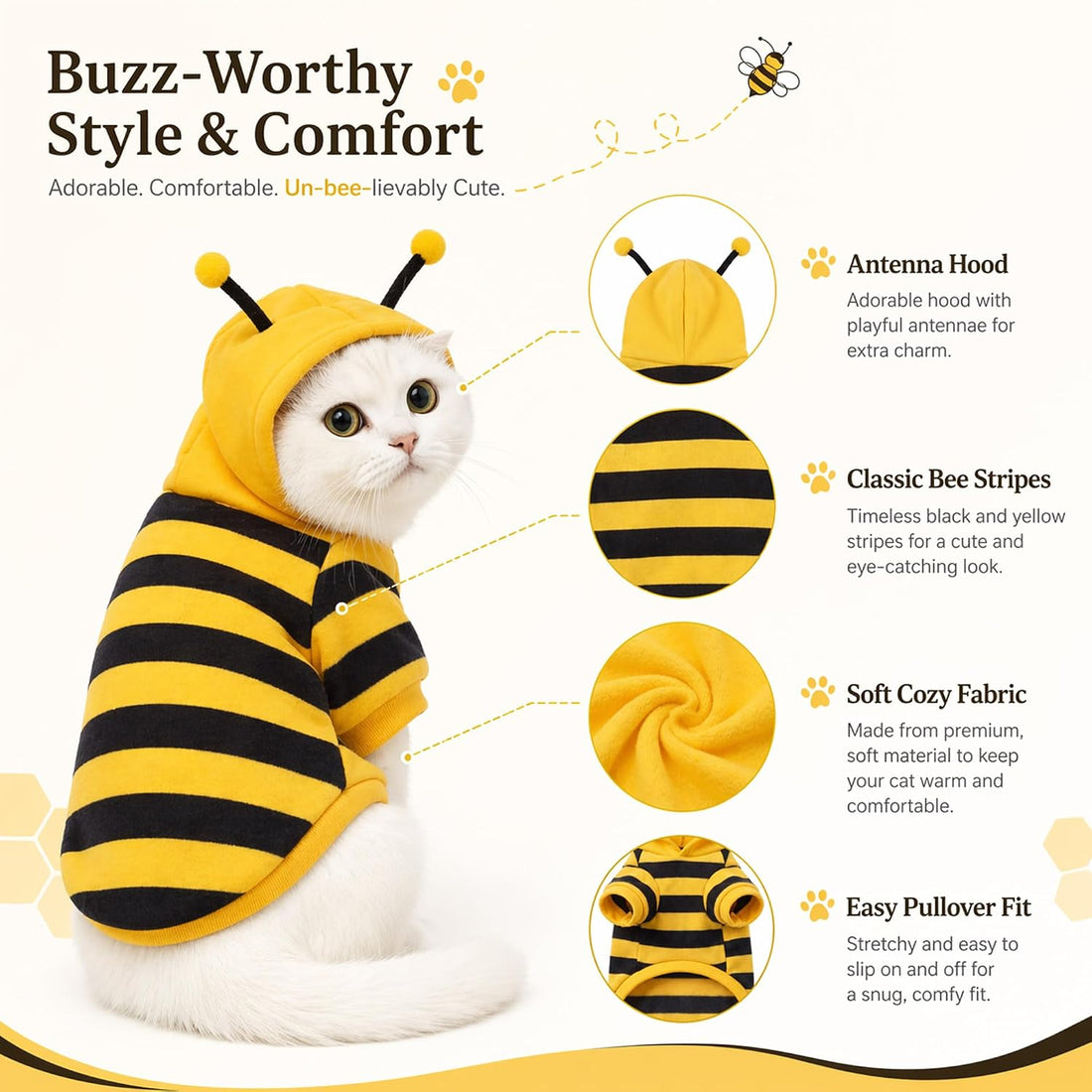 Cute Cat Bee Costume - Pet Halloween Apparel Bumble Bee Cosplay