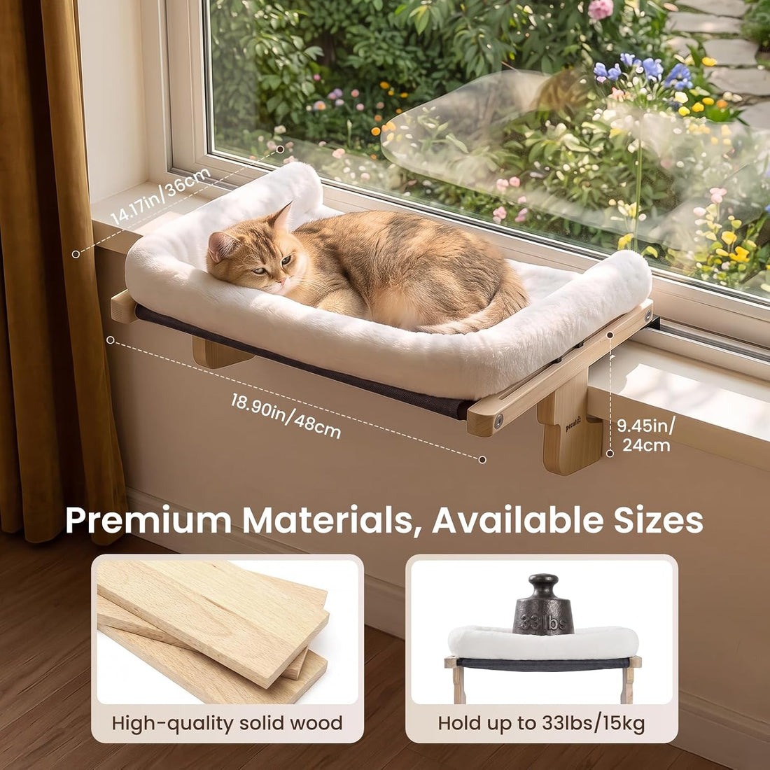 Pecute Cat Windowsill Perch, Cloud-Soft Cat Bed with Wood Frame