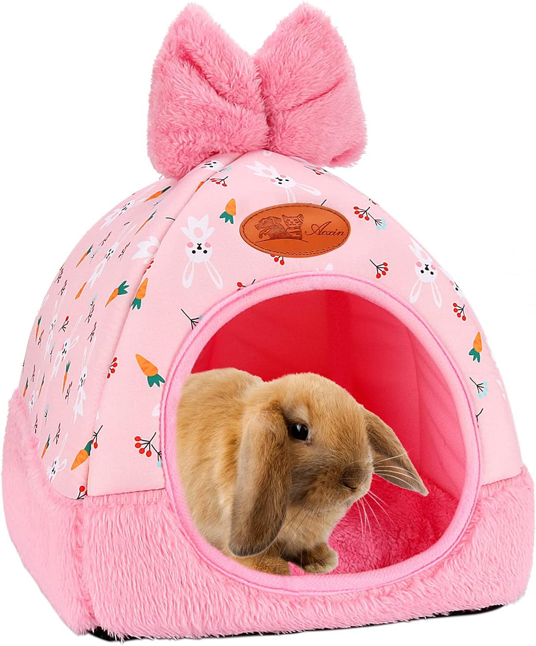 YUEPET Bunny Bed, Rabbit Hideout, Guinea Pig Cave, Grey Grid with Bow