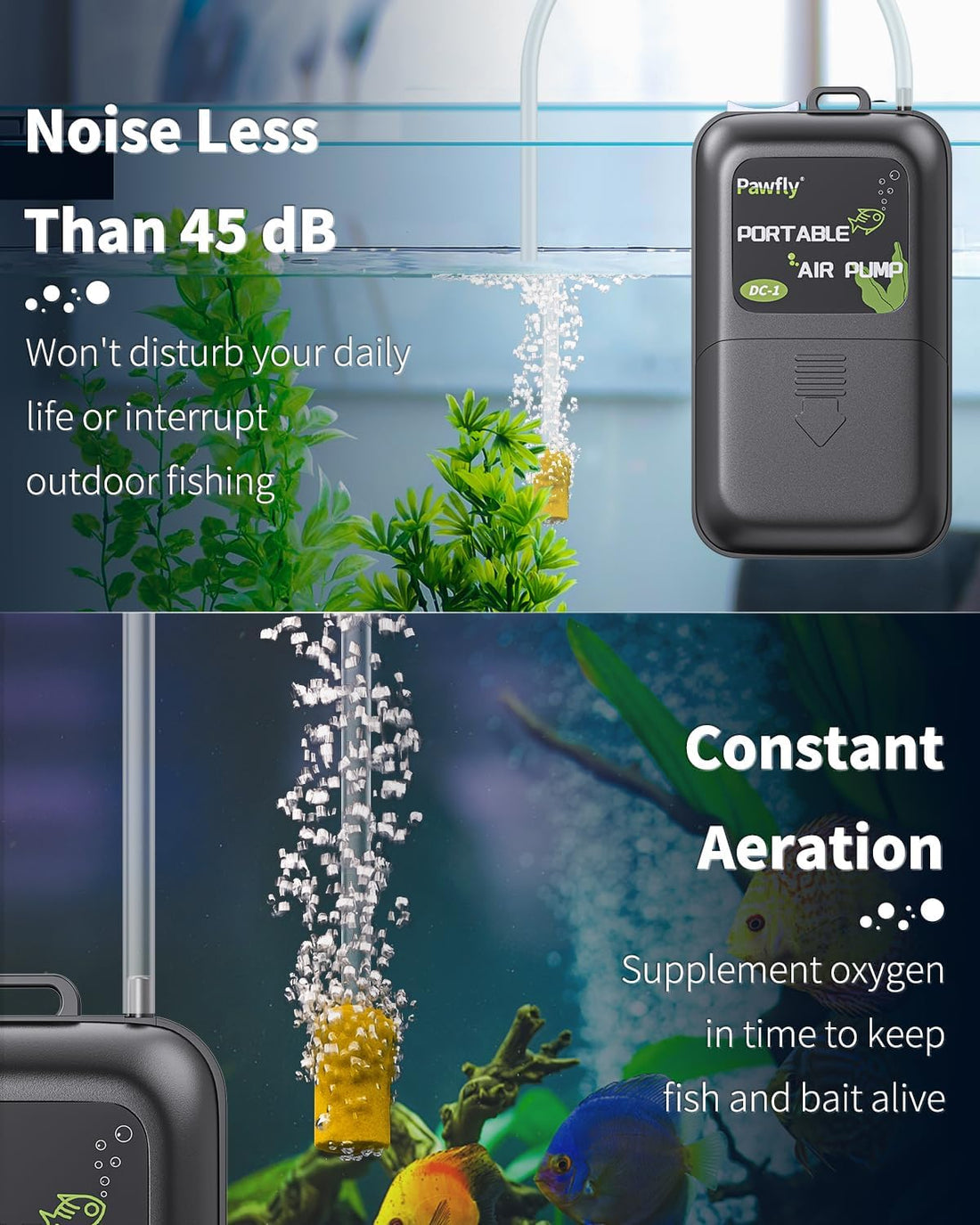 Pawfly Aquarium Air Pump, 40 GPH Portable Aerator Pump, Black & White