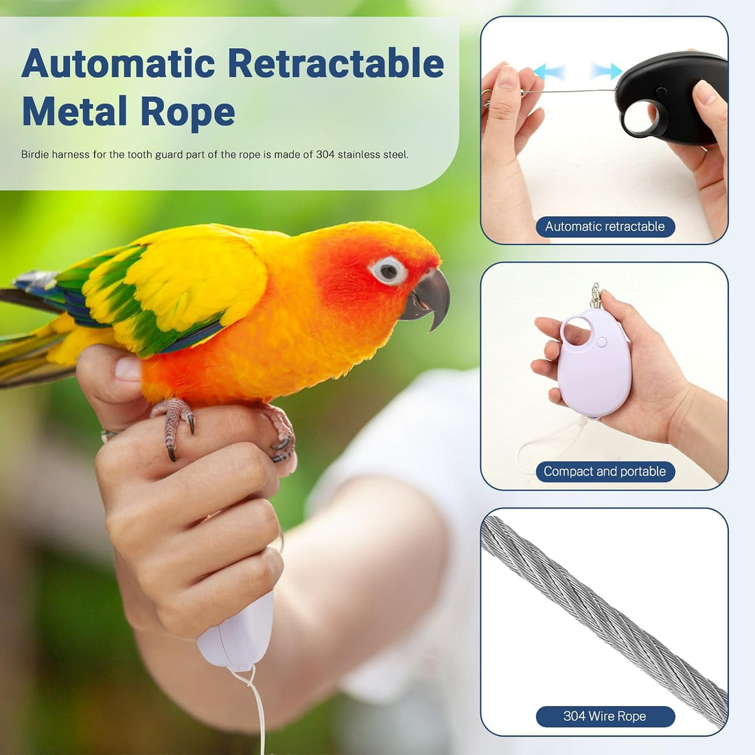 19.7FT Auto Retractable Bird Leash, Anti-Bite Wire Bird Harness