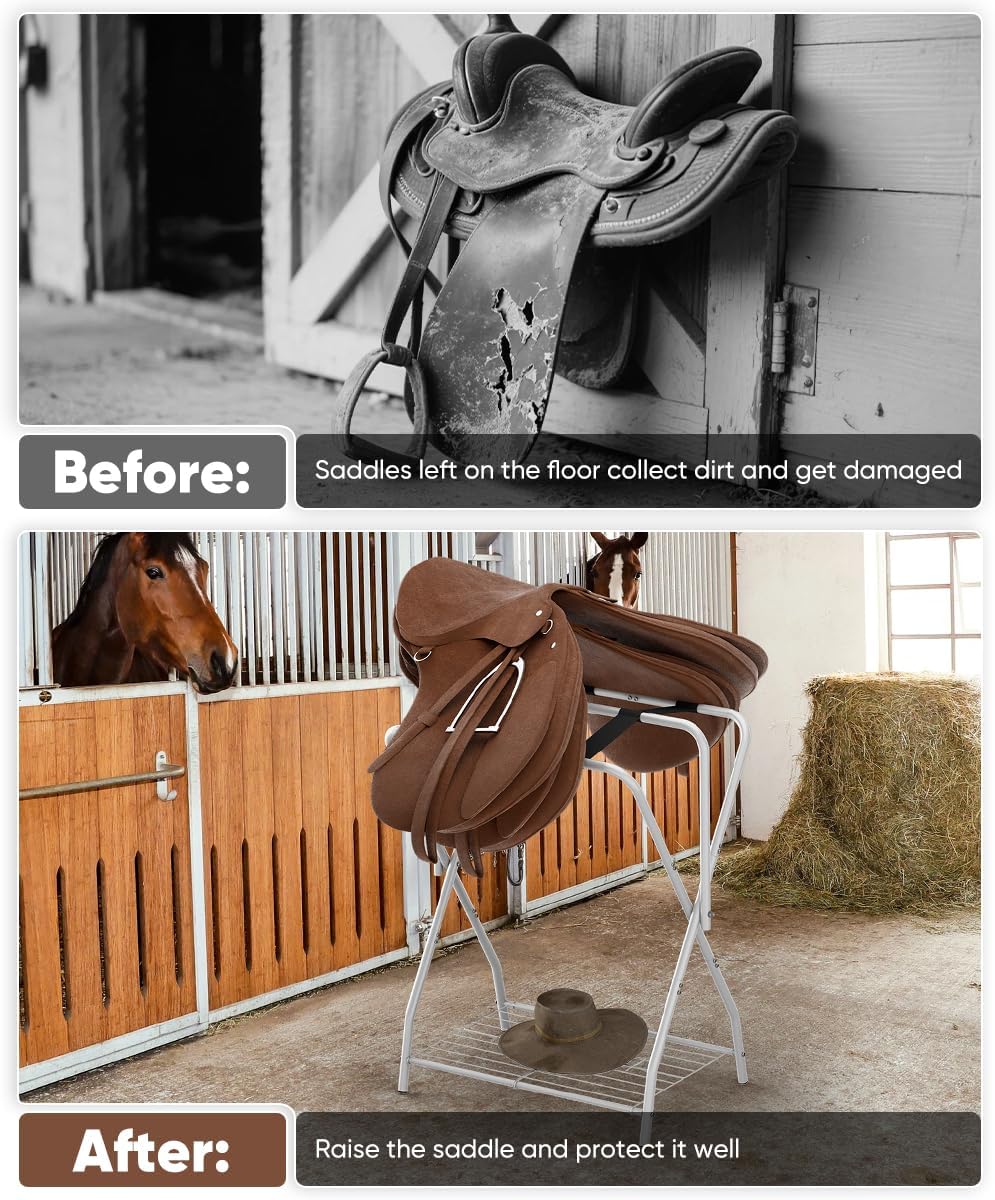 Queension Foldable Saddle Rack with Bottom Storage for Horse Stable