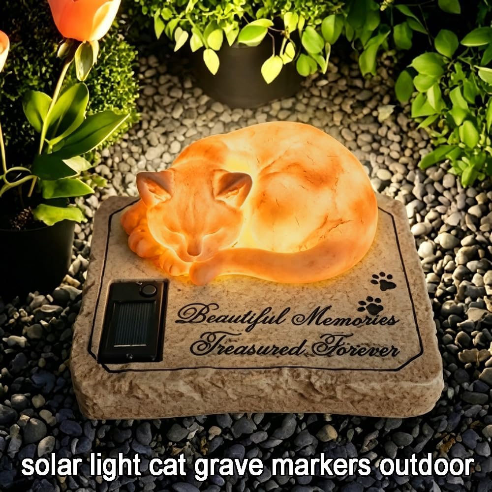 Solar Light Cat Memorial Garden Stones with A Sleeping Kitty Statue