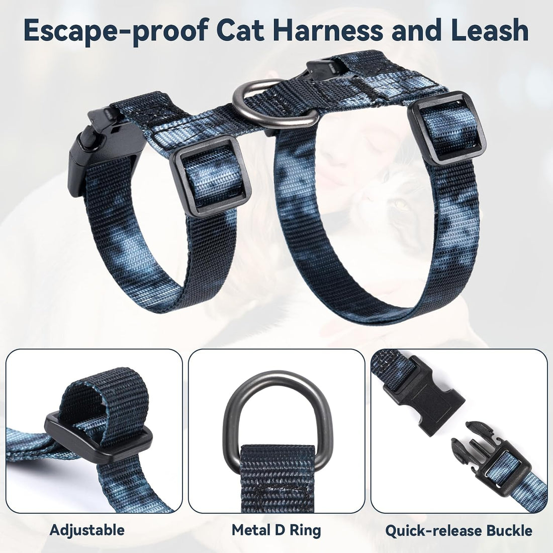 Cat Harness and Leash Set, 3-in-1 Escape Proof Adjustable
