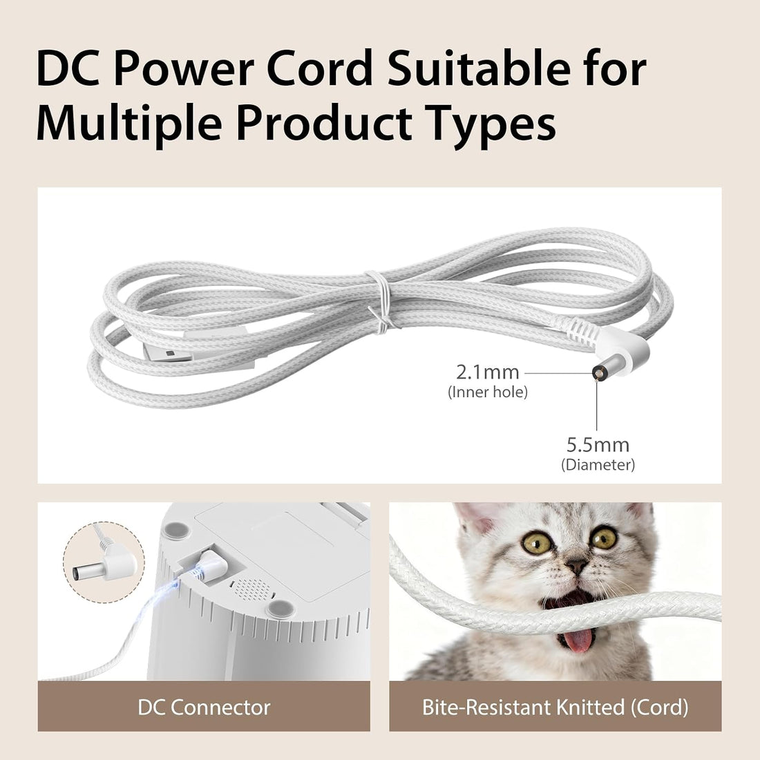 Power Cord for Automatic Pet Feeder, Original Braided Anti-bite Design