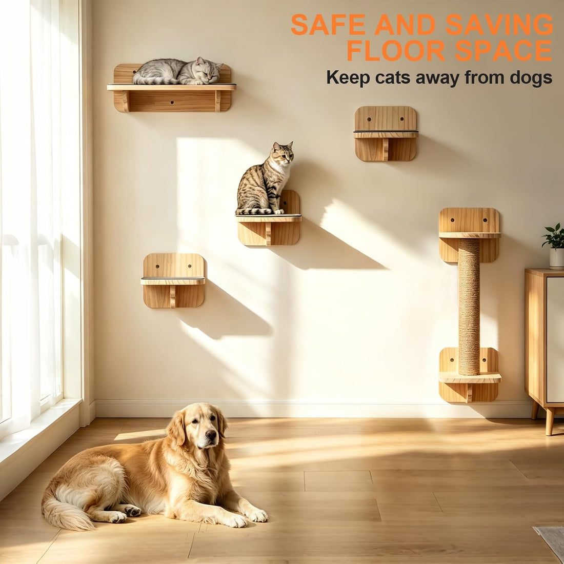 Cat Wall Shelves, Wood Cat Wall Furniture with Scratching Post