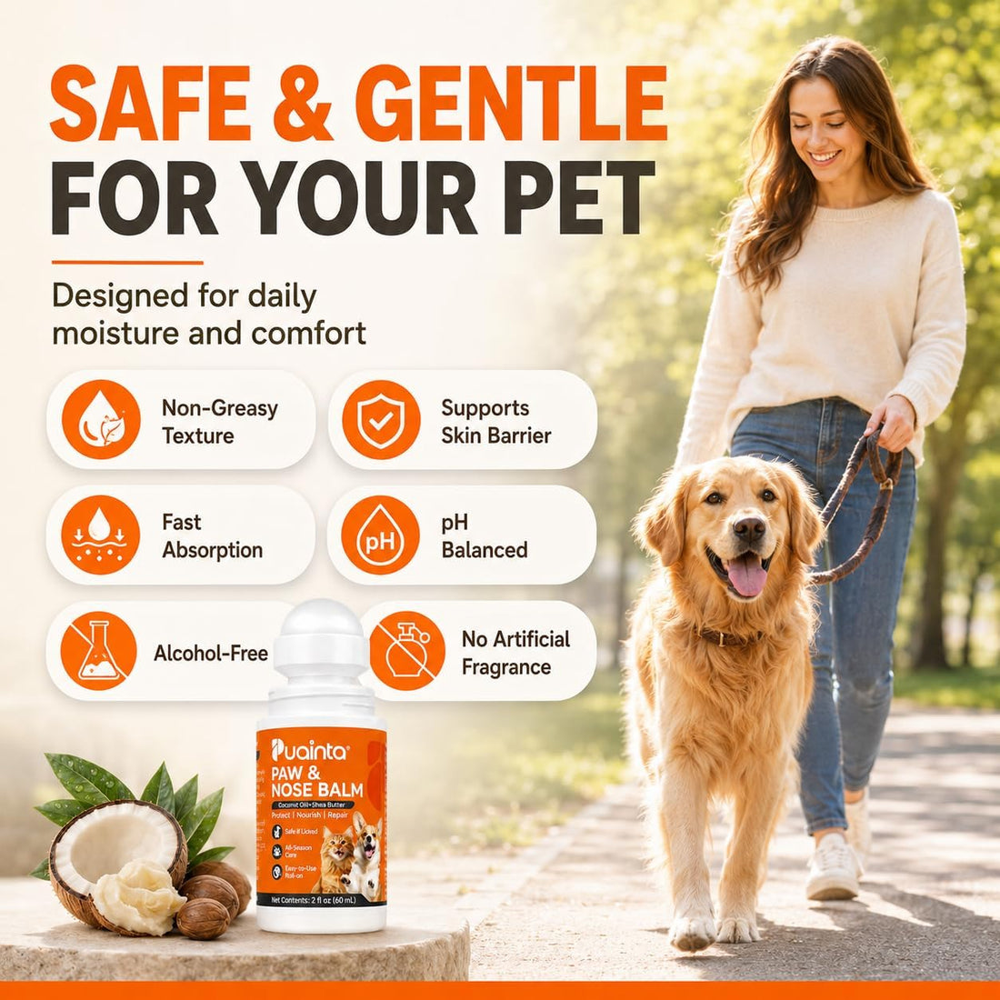PUAINTA Dog Paw Nose Balm Roll On Lick Safe Moisturizer Paw Protector