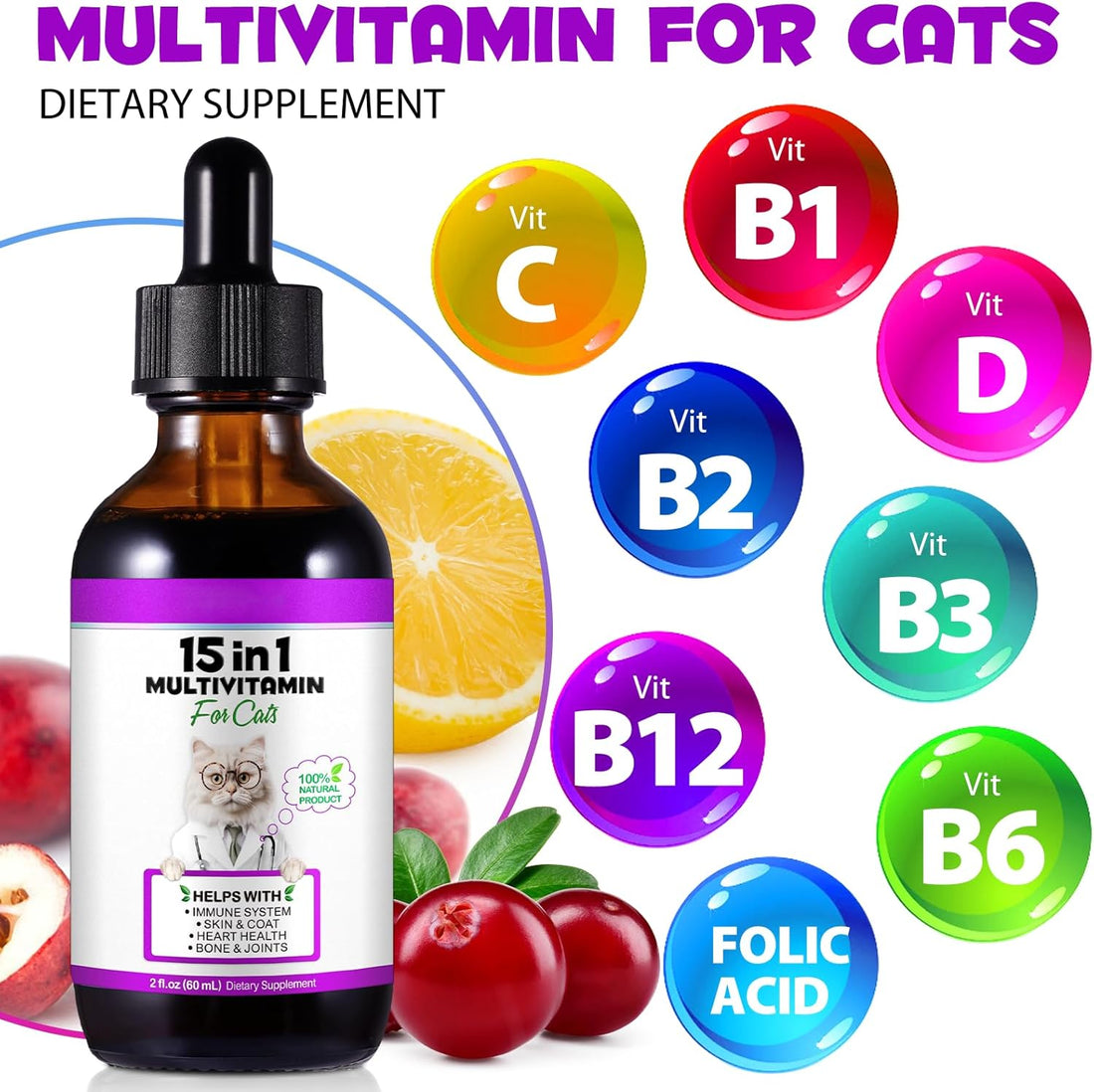 Cat Multivitamin Drops - 15 in 1 Vitamin Supplement for Immune Support