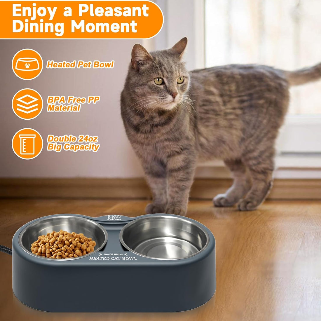 Heated Cat Bowl, Outdoor Heated Pet Bowls with Double Stainless Steel
