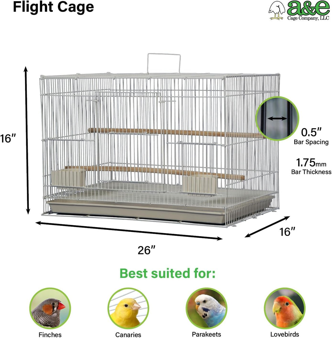 A&E Cage Co 503 Flight Bird Cage for Finches & Parakeets, 24"x16"x16"
